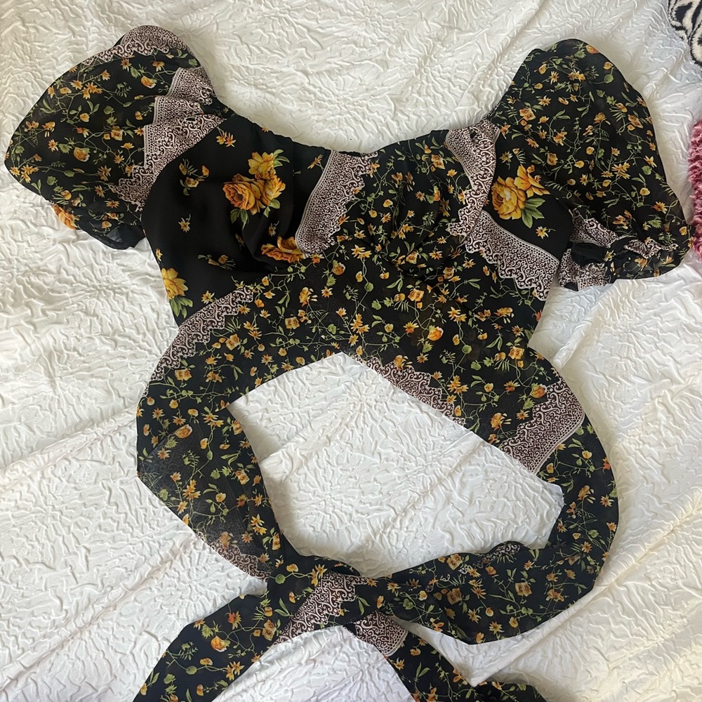 Floral Black Wrap Top